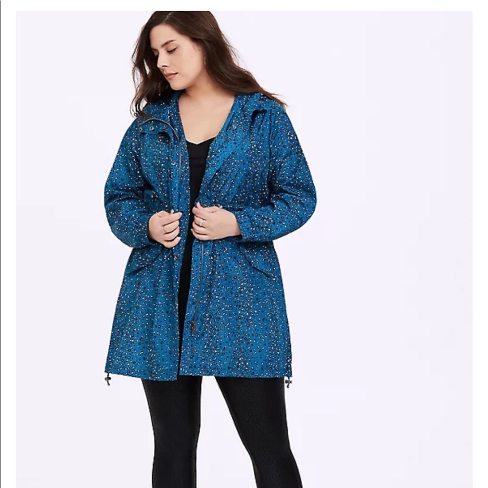 Torrid Dark Teal Leopard Nylon Hooded Rain Jacket